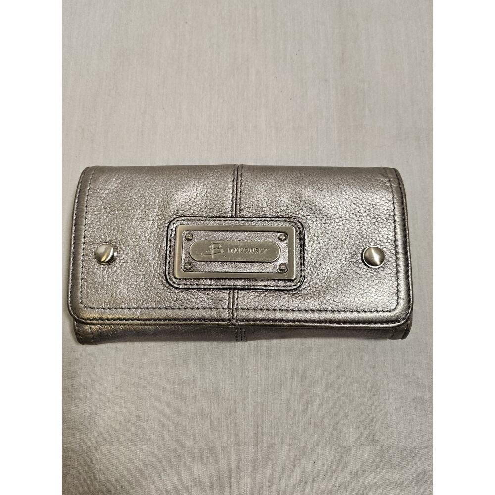 B. Makowsky Silver Zip-Around Wallet Studded Animal Print Interior for Women